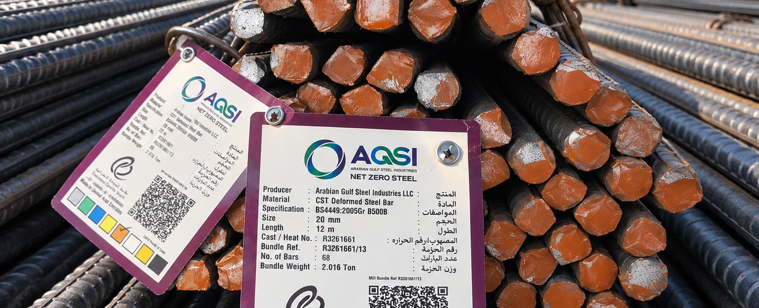 Arabian Gulf Steel Industries reinforcing bar bundles with mill identification tags