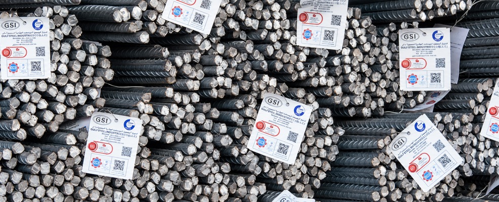 Gulf Steel rebar bundles with Gulf Steel mill tags
