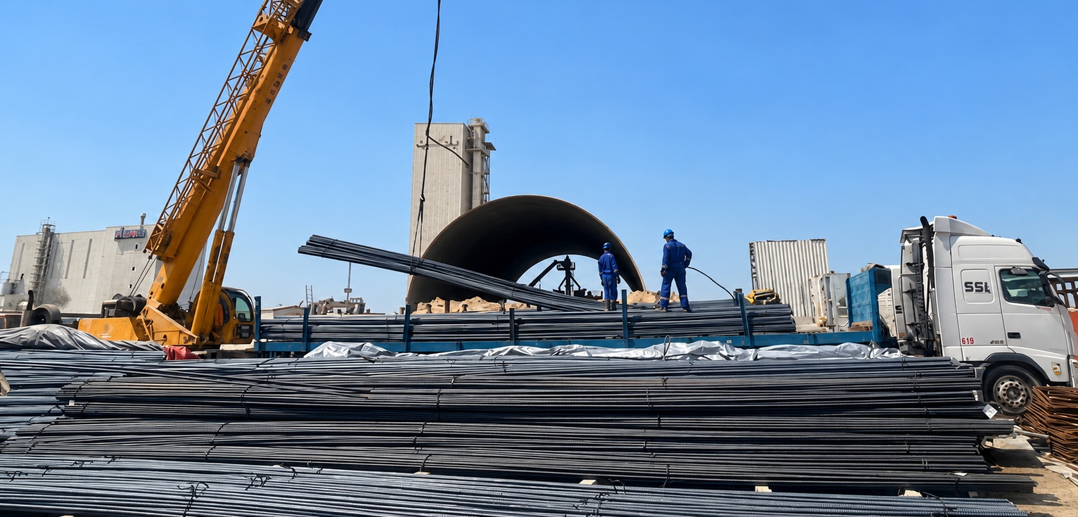 Crane loading reinforcing steel at the Steelco yard, with workers, stacked rebar and a delivery truck